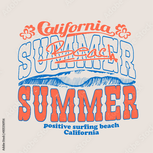 California Summer Beach College Text print, Big Sea Waves inside the Summer, hand drawn beach waves in vector art, tropical print design, university or college text vintage artwork, fashion print use