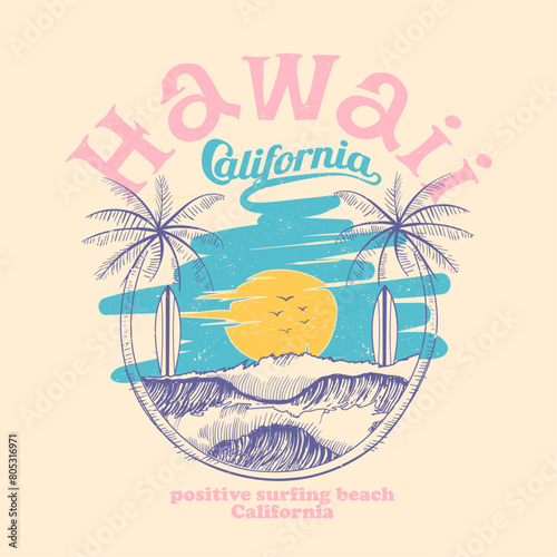 Hand Sketch Palm tree and wave, Hawaii in California positive surfing beach, brush line sky inside the sun , its a tropical summer beach t-shirt print artwork