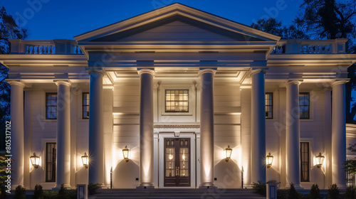 The facade of a white Greek Revival house at night, illuminated by sconces that highlight the iconic columns and portico, the entablature above, and the  photo