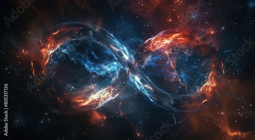 An infinity symbol with an outer space background, dark and colorful space. photo