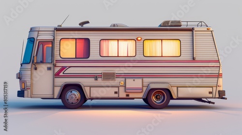 A vintage white and red camper van is parked on a white background