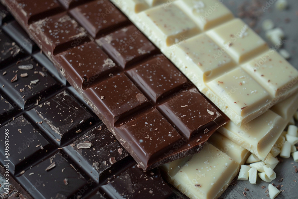 White and dark chocolate bars side by side contrast in flavors White and dark chocolate bars side by side contrast in flavors