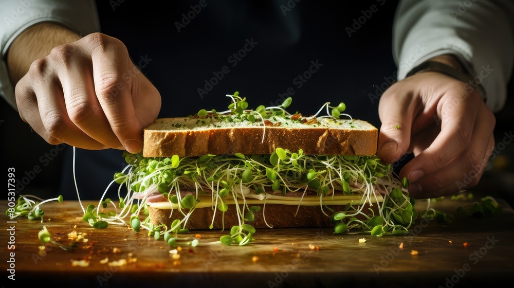 sndwich broccoli sprouts A chefs hands are featured in the