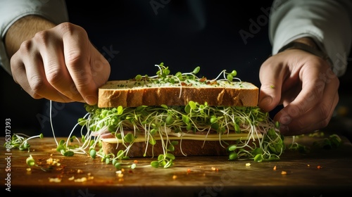 sndwich broccoli sprouts A chefs hands are featured in the photo