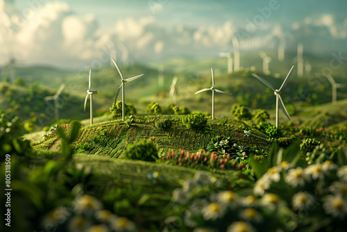 Miniature wind farm with tiny turbines in green fields. Renewable energy and sustainability. Clean energy and net zero emissions concept. Sustainable energy, renewable resources, and carbon neutrality