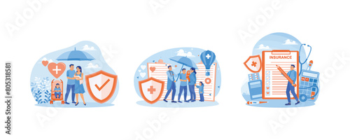 The family stands under the insurance umbrella. The doctor and patient fill out a health insurance contract. Modern healthcare. Health Insurance concept. Set flat vector illustration.