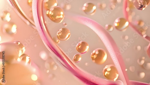 DNA Cosmetics golden serum liquid bubbles abstract background. Cosmetic moisturizer essence gel. Collagen fluid bubble molecule. Moisturizing cream or oil for personal health care and beauty skin 4k photo