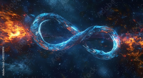 An infinity symbol with an outer space background, dark and colorful space.