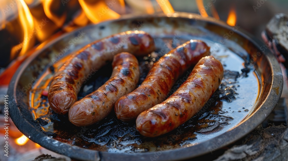 Sausages fried on fire. Food for a picnic, a quick snack. Sausages fried on fire. Food for a picnic, a quick snack.