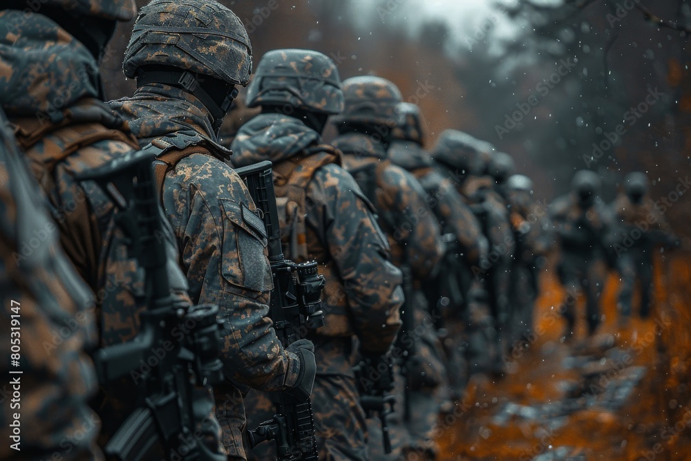 An image depicting a row of army soldiers in camouflage gear, standing ready amidst a fall setting An image depicting a row of army soldiers in camouflage gear, standing ready amidst a fall setting