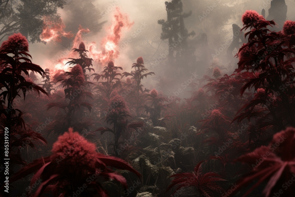 Fototapeta premium Mesmerizing Smoke magic forest. Fantasy outdoor scary. Generate Ai
