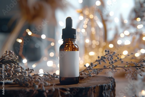 Serum bottle with dropper on wooden surface with warm bokeh ligh