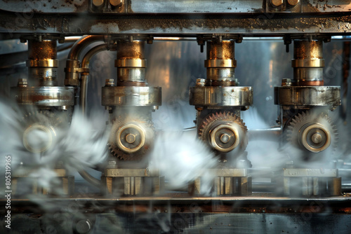 Zoomed-in image of a steam engine's pistons and valves in motion, steam and metal textures  photo