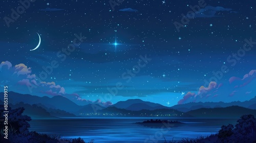 Beautiful night sky with moon and stars over dark landscape