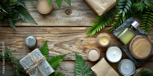 Natural skincare products on wooden surface with green leaves.