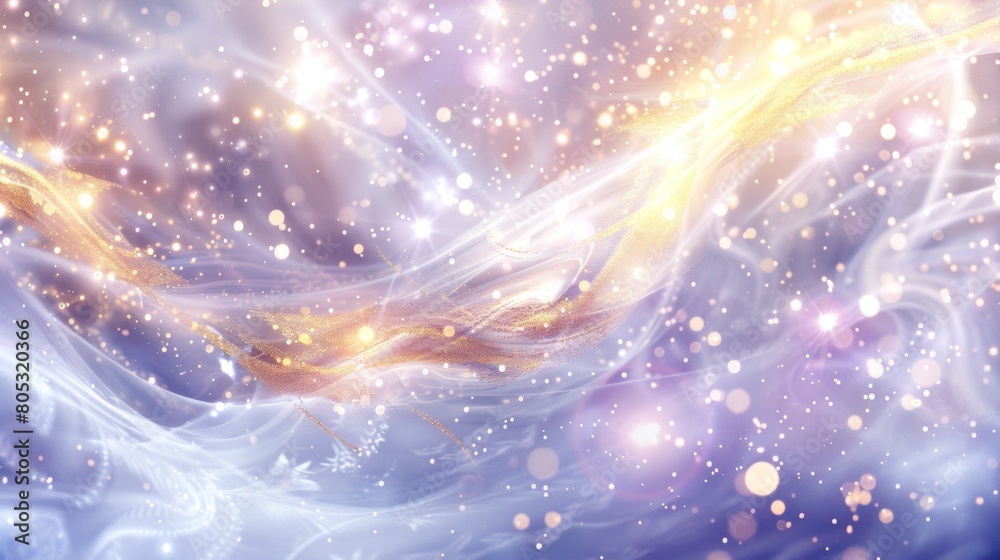 A white and gold swirl background, sparkling light purple and golden glittering waves, dreamy starry sky, glowing particles, fantasy style, anime aesthetics, glowing lights, and complex details. A white and gold swirl background, sparkling light purple and golden glittering waves, dreamy starry sky, glowing particles, fantasy style, anime aesthetics, glowing lights, and complex details.