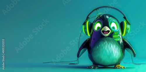 cute penguin with headphones on a blue background photo