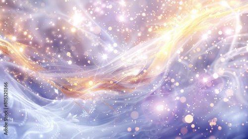 A white and gold swirl background  sparkling light purple and golden glittering waves  dreamy starry sky  glowing particles  fantasy style  anime aesthetics  glowing lights  and complex details.