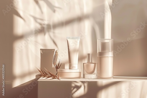 Minimalist skincare products with plant shadows on beige backgro photo