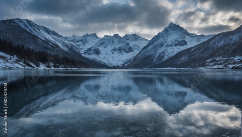Icy Retreat, Lake Amidst Snowy Mountains, Cloudy Sky Setting a Frosty Scene.