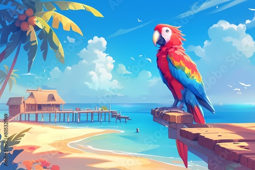 cartoon parrot sitting on a beach pier photo