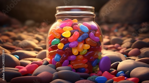 A jar labeled candy that is actually filled with colored pebbles
