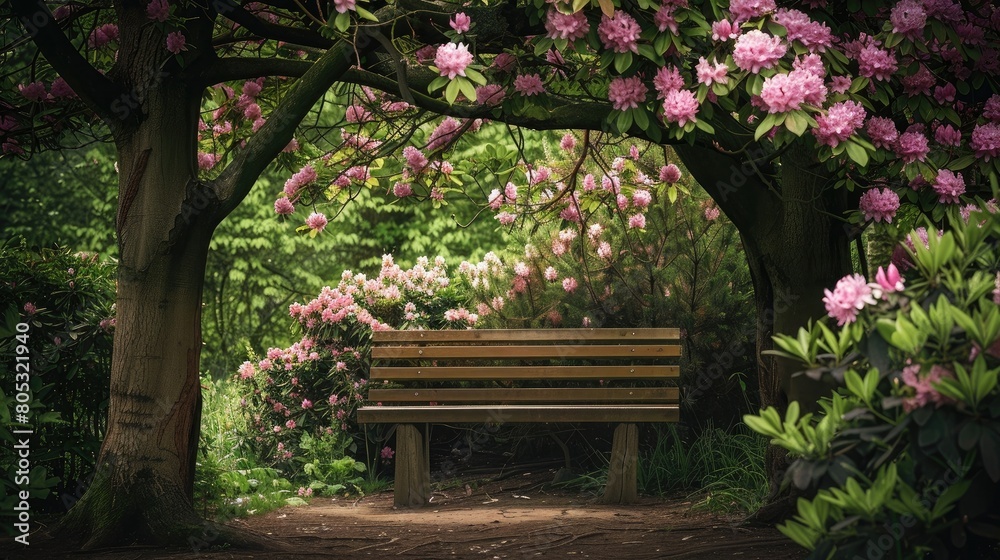 Beneath the lush canopy of a tree in a serene park setting, there is a wooden bench surrounded by delicate pink flowers