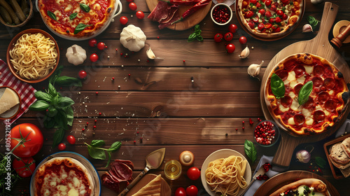 A variety of Italian food including pizzas and pastas photograph