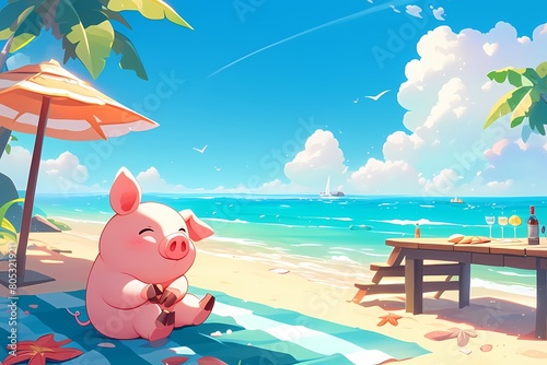 cartoon pig sitting on a beach pier © Yoshimura