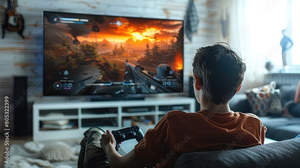 Naklejka premium A man and his son were playing video games on the TV in their living room. A big screen TV displayed an action game that they were playing. Generative AI.