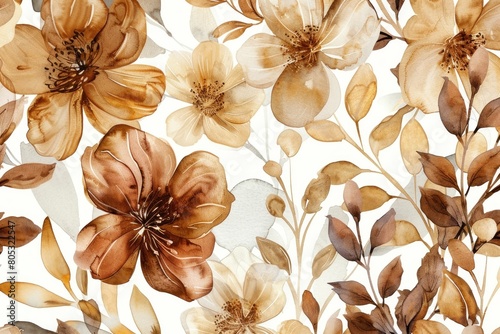 Seamless watercolor floral pattern with brown and white flowers on white background, elegant and delicate design for prints and textiles