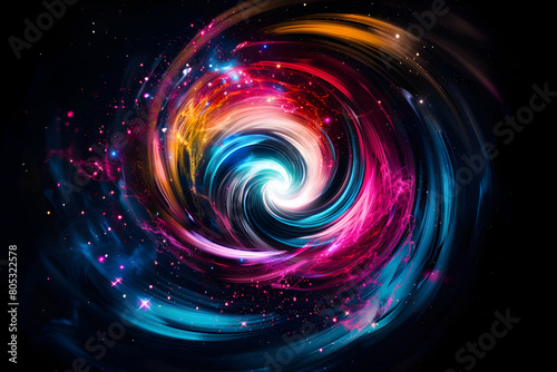 Dynamic neon galaxy with swirling colors and bright lights. Abstract art on black background.