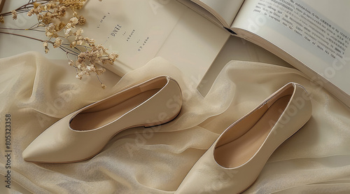 Beige square toe flat shoes with a thin sole, in a simple style, made of leather material, on a beige background, with a book and small plant. top view. Generative AI. photo