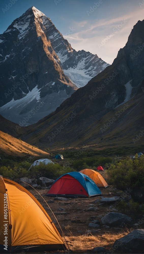 Immerse yourself in the tranquility of the mountains, where a tent takes center stage in a tourist camp nestled amidst the peaks.