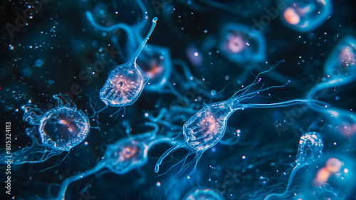 Digital illustration of glowing blue microorganisms swimming in a dark, underwater environment, simulating bioluminescence.
 photo