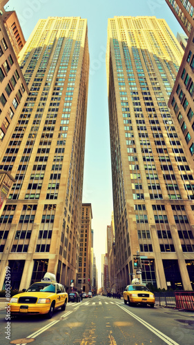 A busy city street with two tall buildings in the background © Tatiana