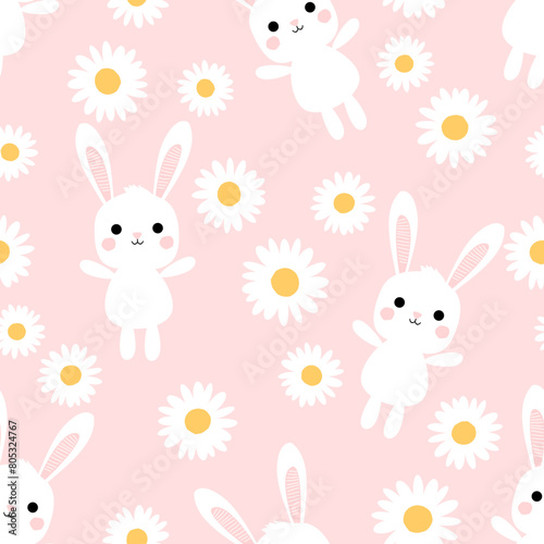 Seamless pattern with bunny rabbit cartoons and daisy flower on pink background vector. © Thanawat