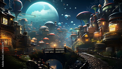 Night View of the Futuristic Ancient Style City with UFOs and AI Technology Equipment 