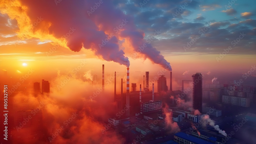 Factory emits harmful pollution impacting the environment with large volumes of smoke. Concept Pollution, Environment, Industry, Air Quality, Smoke Emissions
