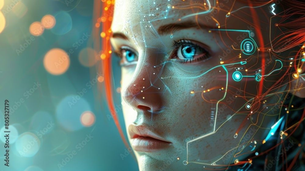 Woman cyborg Close up of red hair cybernetic cyber background wallpaper AI generated image Woman cyborg Close up of red hair cybernetic cyber background wallpaper AI generated image