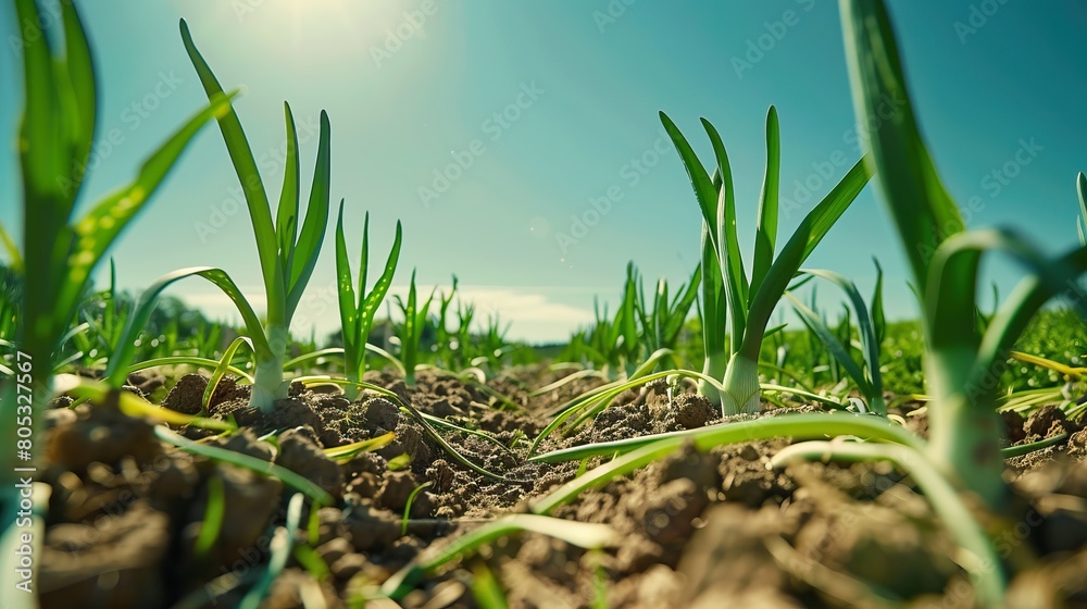 Fototapeta premium Green onion growing in the field, close-up.
