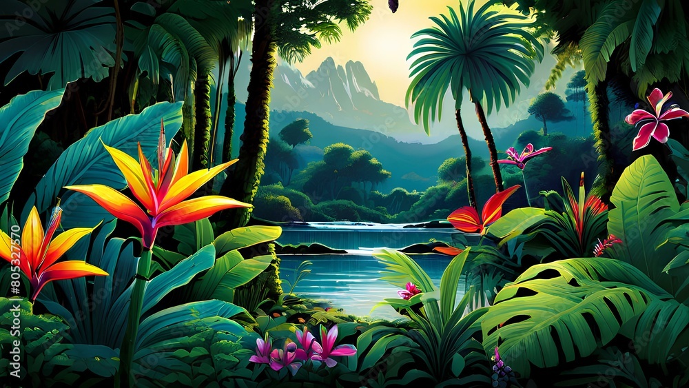 Tropical paradise design with exotic flowers and colorful birds in the jungle