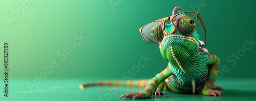 Photo of A chameleon wearing sunglasses on an isolated green background, 3d rendering ,chamHOUSE style of photography, stock photo, high detail, hyper realistic, sharp focus, studio light