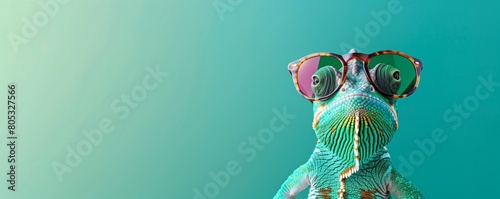 Photo of A chameleon wearing sunglasses on green background, cute animal concept with copy space banner mockup design , colorfull
