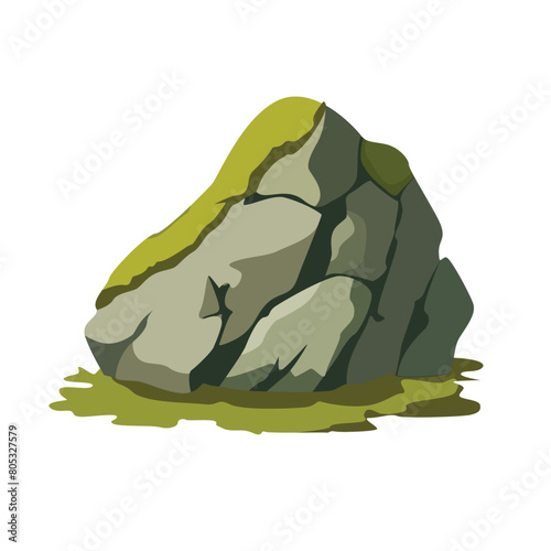 Old mossy rock or boulder vector illustration, ancient stone with swamp moss, jungle mountains concept
