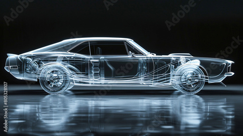 X-Ray View of Classic Car Engineering, Displaying Internal Mechanics.  The visualization captures the car's sleek design and complex engineering, highlighting components usually hidden under the chass photo