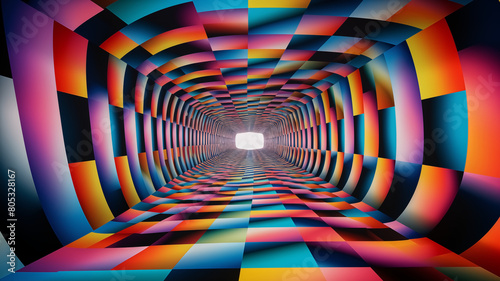 Eye-catching digital art featuring a geometric tunnel made of multicolored stripes that create a mesmerizing perspective effect. 