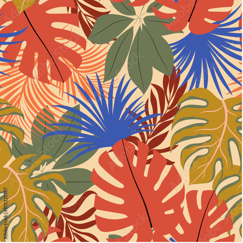 Abstract seamless tropical pattern with bright plants and leaves on a beige background. Seamless exotic pattern with tropical plants. Tropic leaves in bright colors.