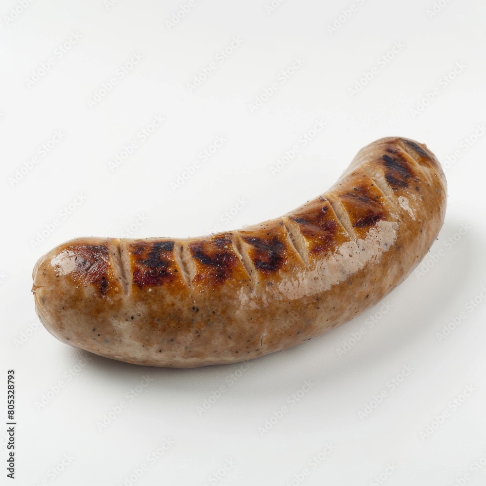 A juicy bratwurst sizzling on a white background A juicy bratwurst sizzling on a white background
