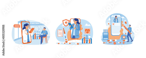 Online health app. Providing online medical services to patients. Health documents on mobile phone screen. Online Medical Consultation concept. Set flat vector illustration.